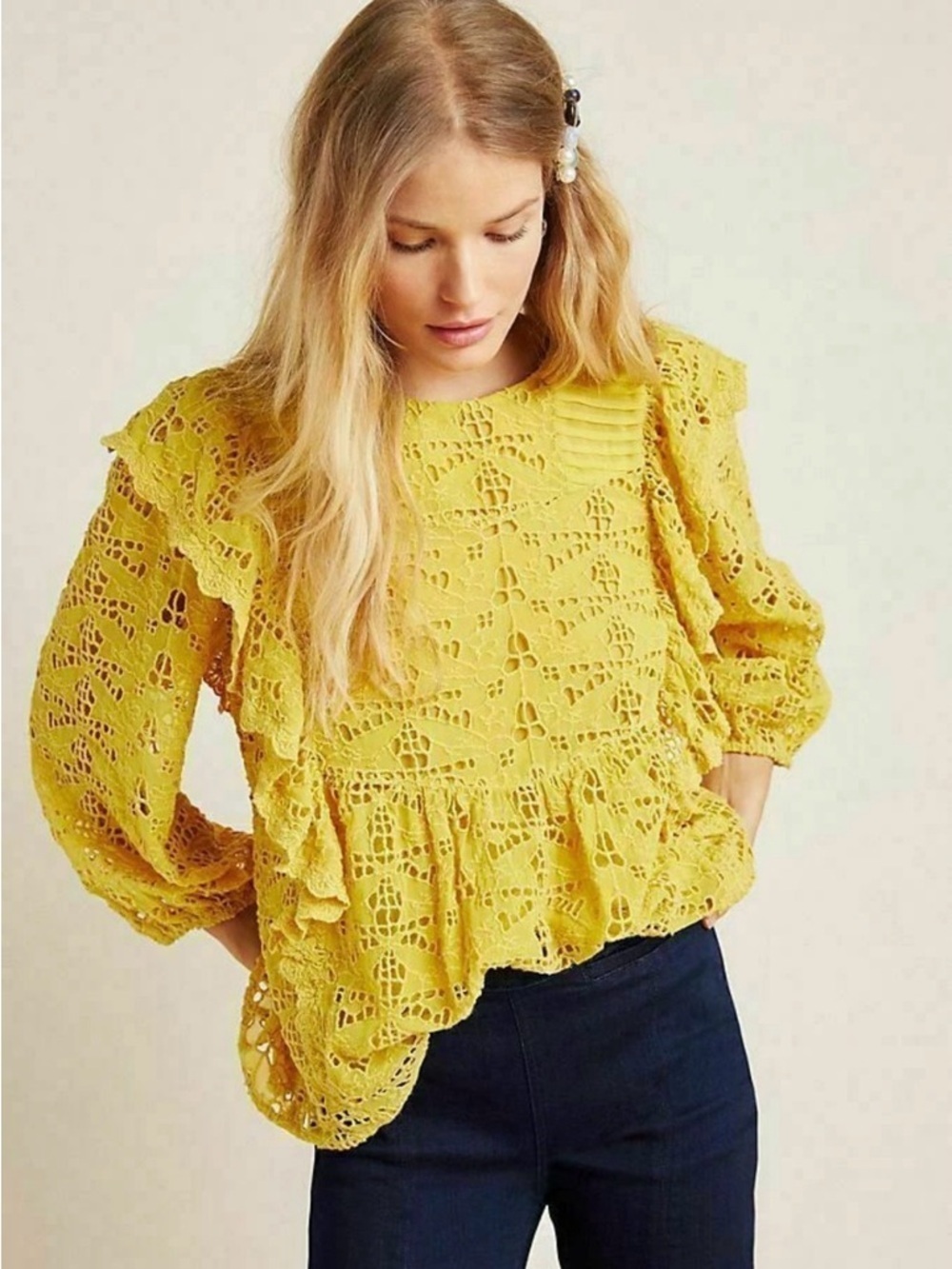 Anthropologie Sunflower Yellow Crochet Peplum Blouse
